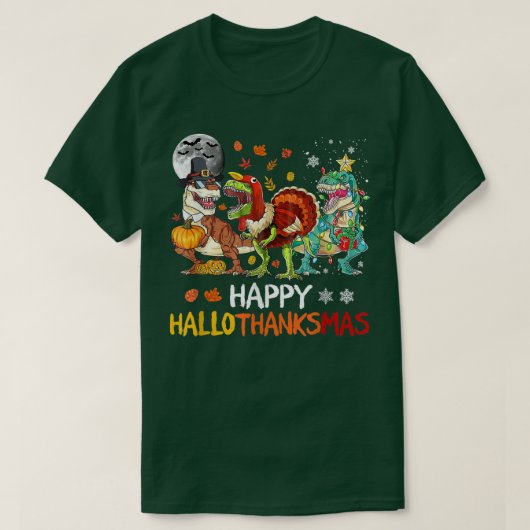ハッピーハロサンクスマス恐竜REハロウィンキリスト Tシャツ (デザイン正面)