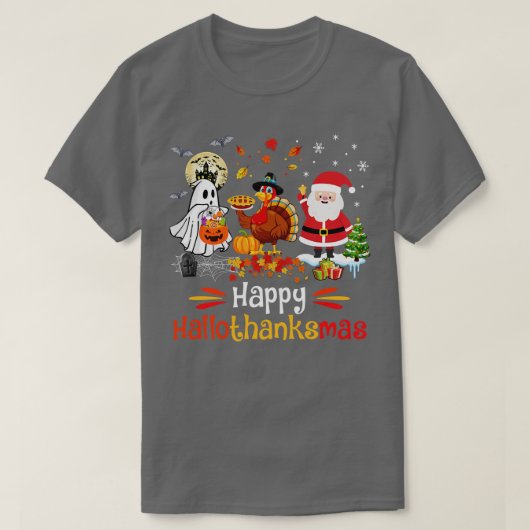 ハッピーハロサンクスマ幽霊ターキーパンプキンクリスマ Tシャツ (デザイン正面)