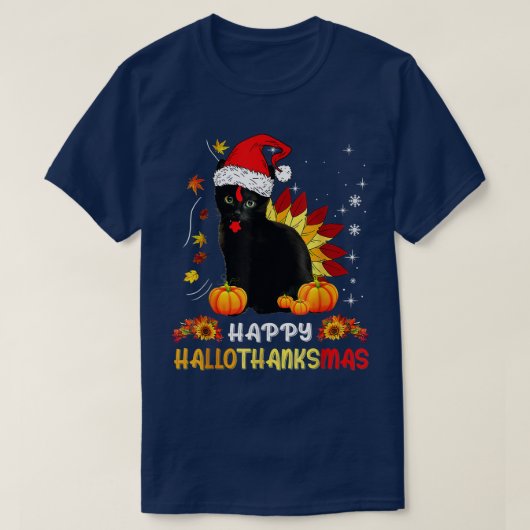 ハッピーハロサンクマスシャツブラックキャットハロウィンタ Tシャツ (デザイン正面)