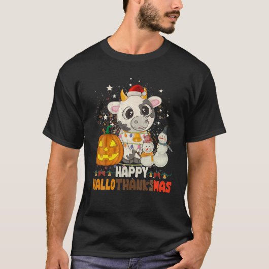 ハッピーハロサンタカウハロウィーンサンクスギフ Tシャツ (正面)