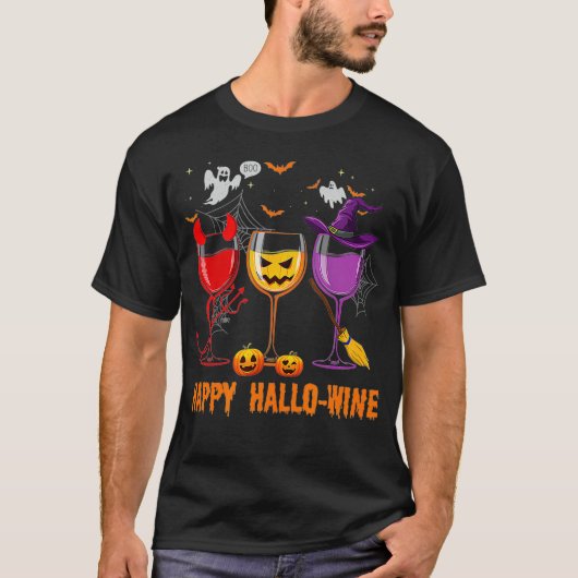 ハッピーハロワイン面白いハロウィンガラスワイン恋人 Tシャツ (正面)