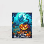 ハッピーハローウィンいたずら白熱［赤熱］光を放ついカボチャ カード (正面)