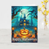 ハッピーハローウィンいたずら白熱［赤熱］光を放ついカボチャ カード (黄色い花)