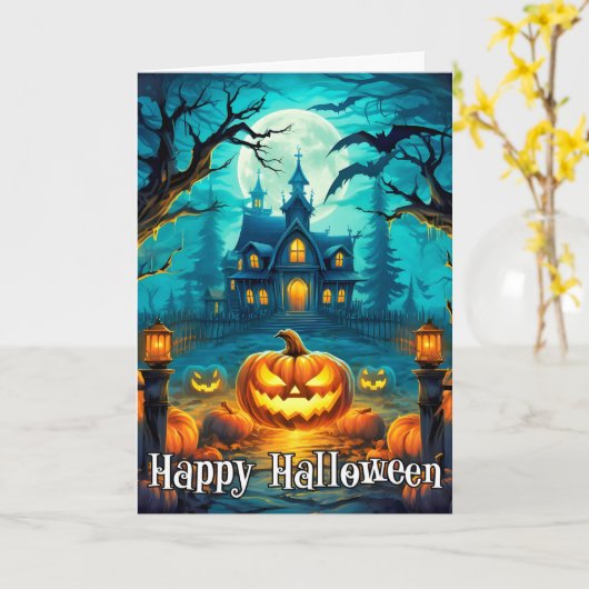 ハッピーハローウィンいたずら白熱［赤熱］光を放ついカボチャ カード (黄色い花)