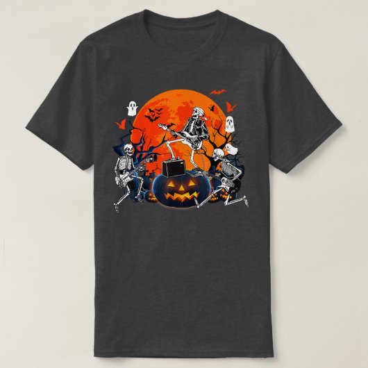 ハッピーハローウィンおもしろいスケルトン遊のギターポンプ Tシャツ (デザイン正面)