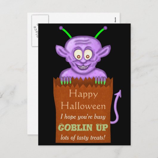 ハッピーハローウィンおもしろいパープルゴブリン シーズンポストカード (正面/裏面)