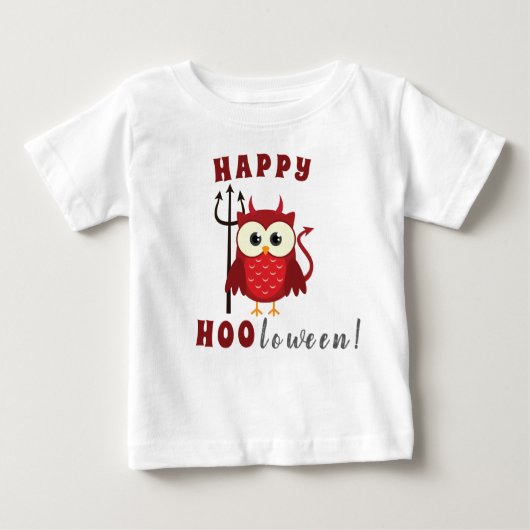 ハッピーハローウィンおもしろいフクロウ悪魔のトリックまたは治療 ベビーTシャツ (正面)