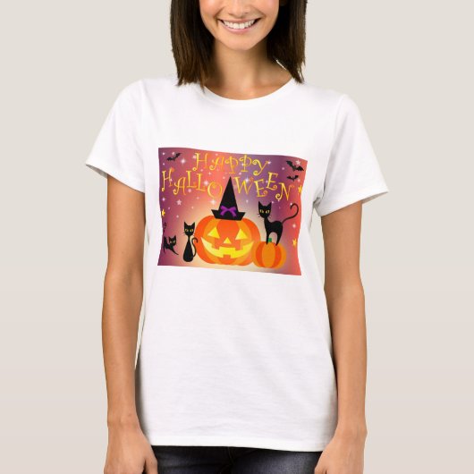 ハッピーハローウィンおもしろいブライトカボチャパーティー Tシャツ (正面)