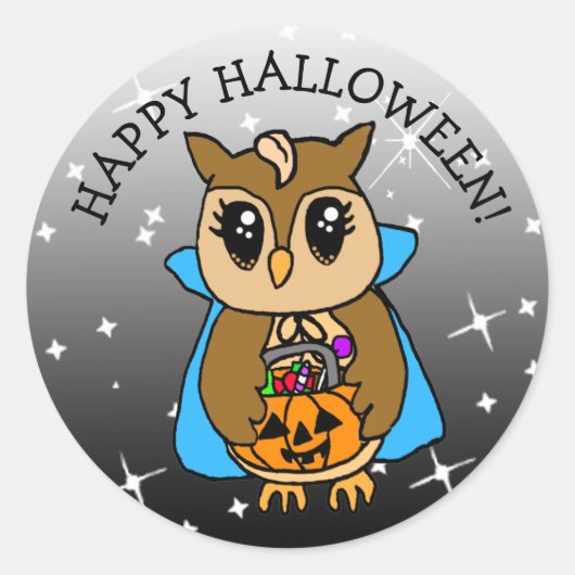 ハッピーハローウィンお洒落かわいいフクロウお菓子 ラウンドシール (正面)