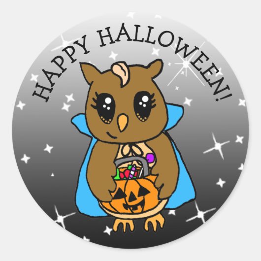 ハッピーハローウィンお洒落かわいいフクロウお菓子 ラウンドシール (正面)