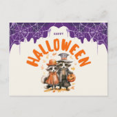 ハッピーハローウィンお洒落ラクーンカップル シーズンポストカード (正面)