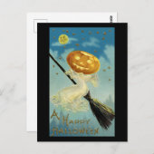 ハッピーハローウィンかぼちゃの頭の魔女ヴィンテージ ポストカード (正面/裏面)
