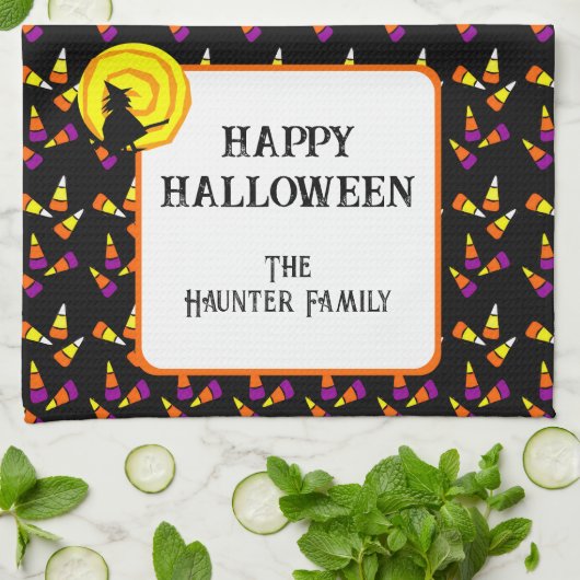 ハッピーハローウィンかわいいウィッチキャンディーコーンパターン キッチンタオル (折り畳み)