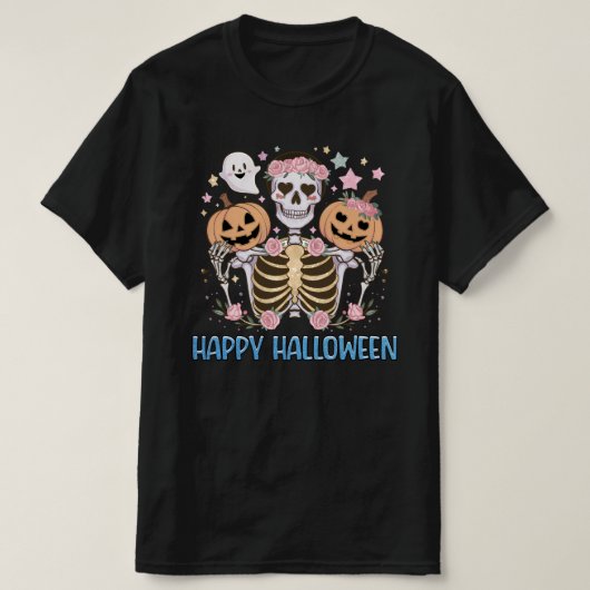 ハッピーハローウィンかわいいスケルトン Tシャツ (デザイン正面)