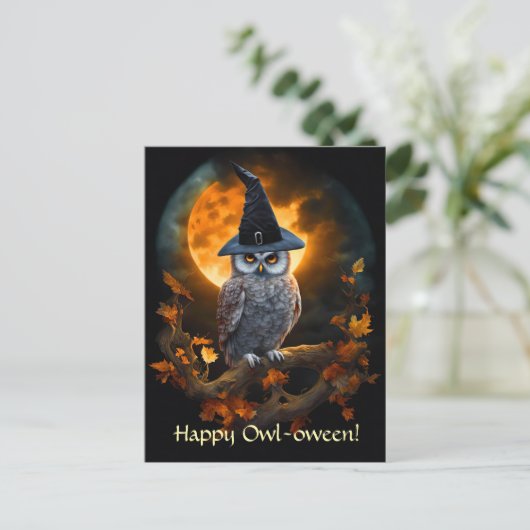 ハッピーハローウィンかわいいフクロウワーロックハット シーズンポストカード (スタンド正面)