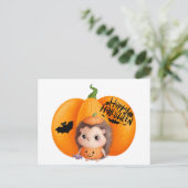 ハッピーハローウィンかわいいベビーハリネズミとカボチャ ポストカード (スタンド正面)