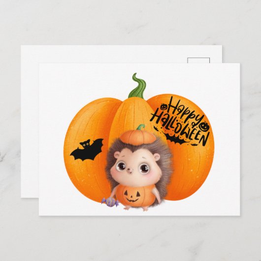 ハッピーハローウィンかわいいベビーハリネズミとカボチャ ポストカード (正面/裏面)