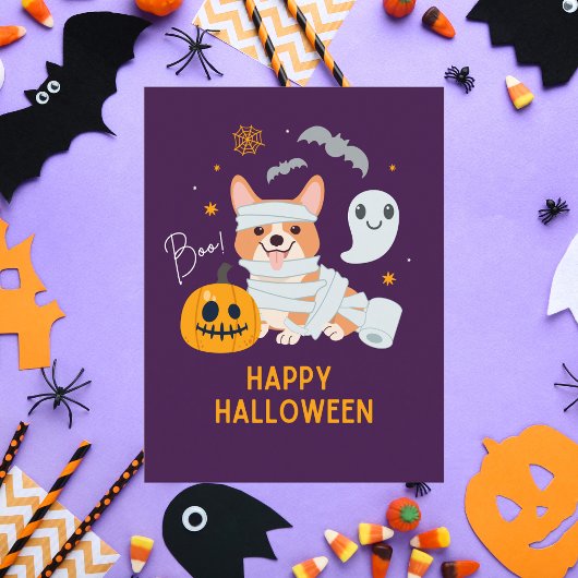 ハッピーハローウィンかわいいミイラ犬 シーズンポストカード