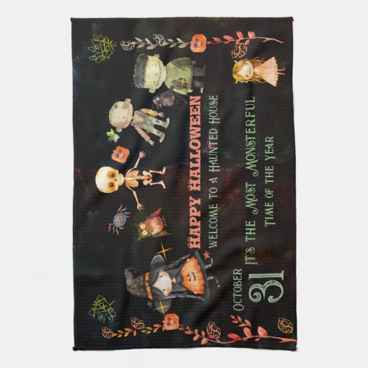 ハッピーハローウィンかわいいモンスター キッチンタオル (縦)
