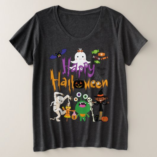 ハッピーハローウィンかわいい不気味 プラスサイズTシャツ (デザイン正面)