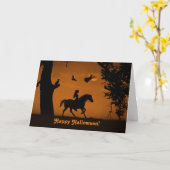 ハッピーハローウィンかわいい女の子と馬の魔女 カード (黄色い花)