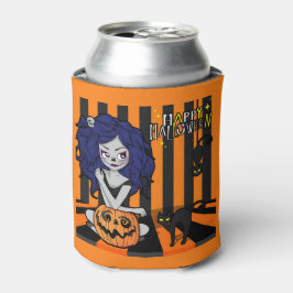 ハッピーハローウィンかわいい女の子，カボチャとこうもり 缶クーラー