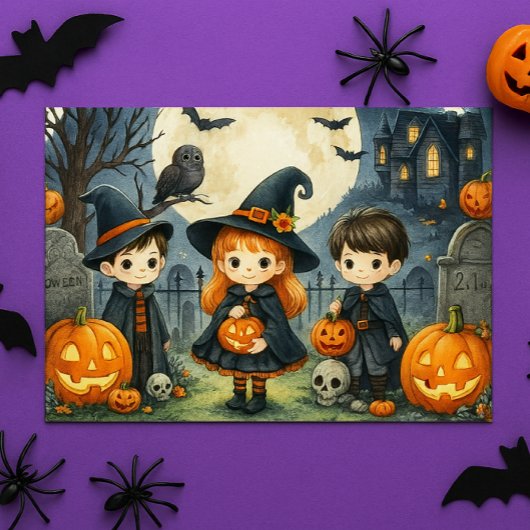 ハッピーハローウィンかわいい子供たちコスチューム シーズンポストカード