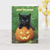 ハッピーハローウィンかわいい小さな黒の子猫 カード (黄色い花)