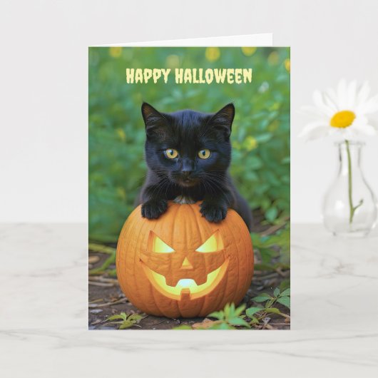 ハッピーハローウィンかわいい小さな黒の子猫 カード (小さな植物)