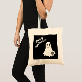 ハッピーハローウィンかわいい幽霊あなたのロゴビジネスを追加 トートバッグ