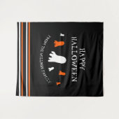 ハッピーハローウィンかわいい幽霊オレンジ、黒、白 タペストリー (正面(横))