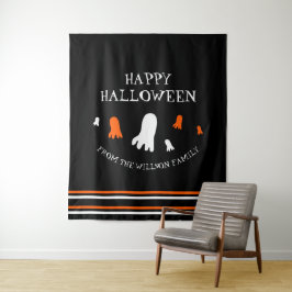 ハッピーハローウィンかわいい幽霊オレンジ、黒、白 タペストリー