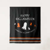 ハッピーハローウィンかわいい幽霊オレンジ、黒、白 タペストリー (正面)