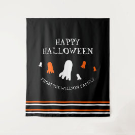 ハッピーハローウィンかわいい幽霊オレンジ、黒、白 タペストリー
