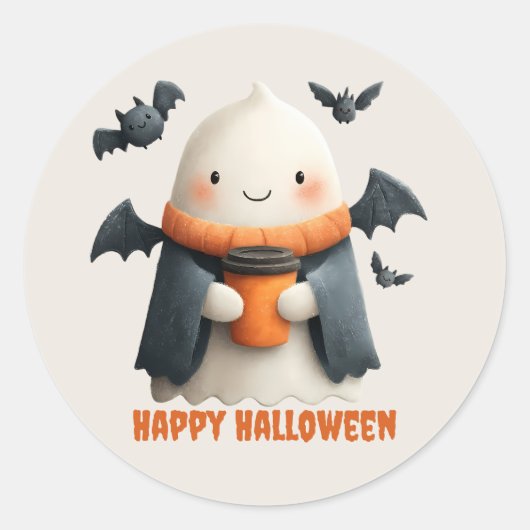 ハッピーハローウィンかわいい幽霊デザイン ラウンドシール (正面)