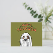 ハッピーハローウィンかわいい幽霊犬 シーズンポストカード (スタンド正面)