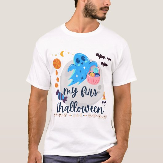 ハッピーハローウィンかわいい幽霊 おもしろい Tシャツ (正面)