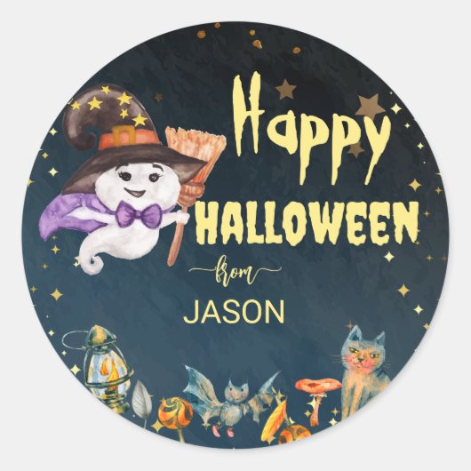 ハッピーハローウィンかわいい幽霊 ラウンドシール (正面)