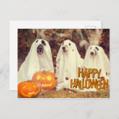 ハッピーハローウィンかわいい犬たち幽霊コスチューム シーズンポストカード (正面/裏面)