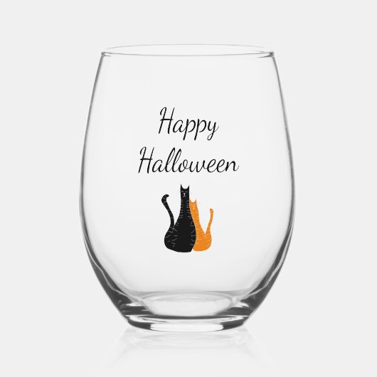 ハッピーハローウィンかわいい猫オレンジブラック猫ちゃん ステムなしワイングラス (正面)