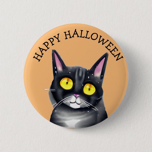 ハッピーハローウィンかわいい黒猫イエローアイズ 缶バッジ (正面)