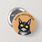 ハッピーハローウィンかわいい黒猫イエローアイズ 缶バッジ (正面&裏面)