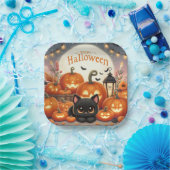 ハッピーハローウィンかわいい黒猫カボチャ ペーパープレート (パーティー)