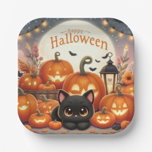 ハッピーハローウィンかわいい黒猫カボチャ ペーパープレート (正面)
