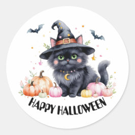 ハッピーハローウィンかわいい黒猫 ラウンドシール