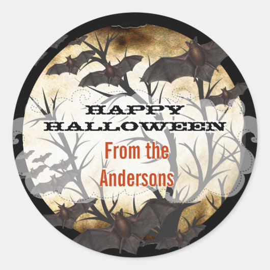 ハッピーハローウィンこうもりと木の焼け羊皮紙 ラウンドシール (正面)