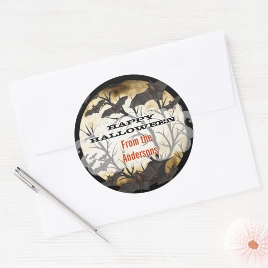 ハッピーハローウィンこうもりと木の焼け羊皮紙 ラウンドシール (封筒)