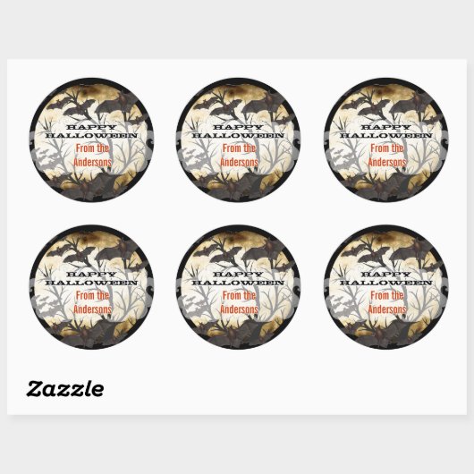 ハッピーハローウィンこうもりと木の焼け羊皮紙 ラウンドシール (シート)