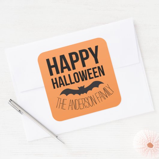 ハッピーハローウィンこうもりと黒名付き スクエアシール (封筒)