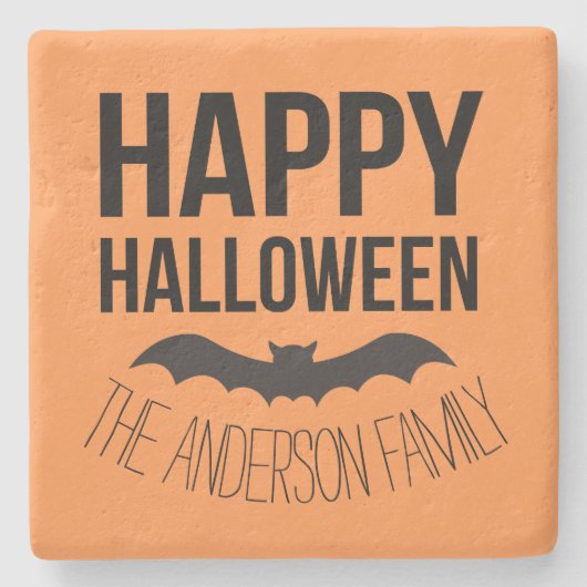ハッピーハローウィンこうもりと黒名付き ストーンコースター (正面)